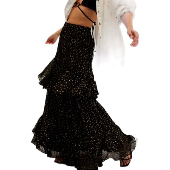 New Rococo Sand x Free People Aine Lg 14/16 Black Gold Metallic Tiered Maxi - Picture 8 of 12